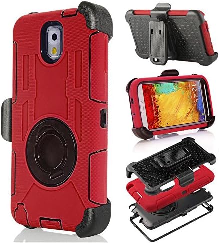 Yyue Ultra Shock&amp;drop-proof Amy-grade Protective Hard Defender Case and Three Layer Hard Shell Cover Holster with 360 Degree Rotating Ring Bracket Protective Case for Samsung Galaxy Note 3 III N9000-- TPU Rubber &amp; Silicone Case with Stand &amp; Clip for Samsung Galaxy Note 3 III N9000 (Red+Black)