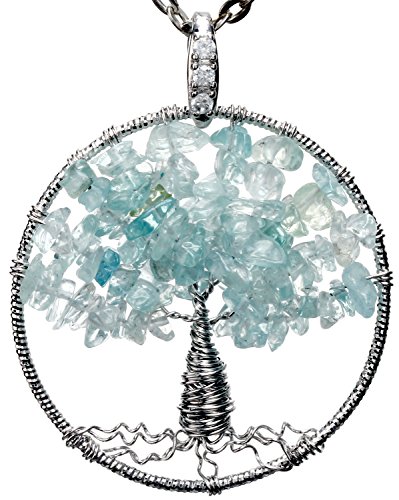 Aquamarine Tree of Life Gemstone Jewelry Best Friend Necklace Silver Pendant Deluxe Gift 18