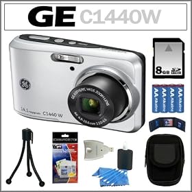 GE C1440W 14MP Digital Camera with 4X Optical Zoom and 2.7-inch LCD in Silver + 8GB SDHC + Card Reader + AA Battery 4-Pack + Camera Case + Accessory Kit