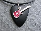 Guitar Pick Necklace with Red Electric Guitar Charm on Black Fender Pick