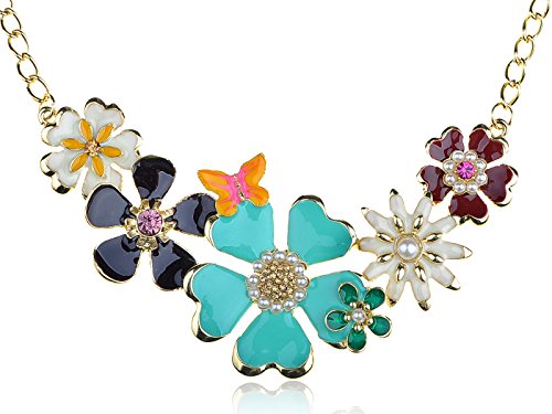 Alilang Gold Tone Enamel Flower and Butterfly Bib Statement Necklace Rhinestone Pearl