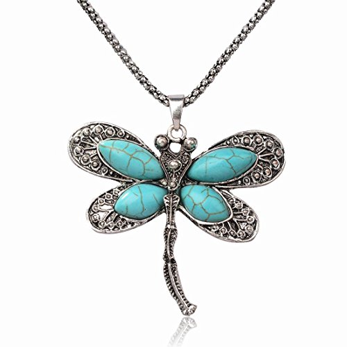 Tibet Silver Genuine Turquoise Dragonfly Oval Beads Bib Chain Pendant Necklace