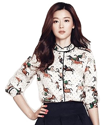 シャツ カットソー 襟がポイント 馬の模様のイラスト 七分丈 お洒落 カジュアル キュート 肩の飾りがポイント 秋物 冬物 お出かけ 二次会 結婚式 パーティー 可愛いスカーフ付き ABC053