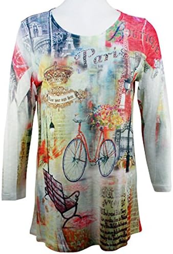 Cactus Fashion Paris Bicycle 3/4 Sleeve Sublimation Burnout Print Rhinestone Top