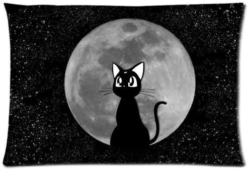 Custom Cartoon Sailor Moon Cat Round Moon Black Sky Space Star Printed Zippered Pillowcase Cushion Cover 20x30(Twin Sides)