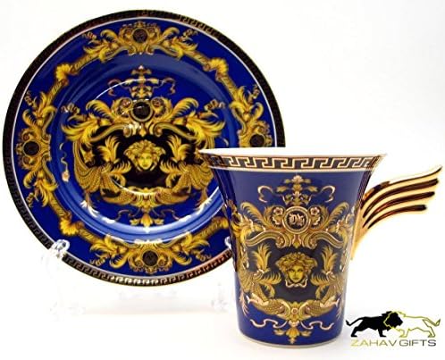 Amazing Porcelain Set of 12 Gold &amp; Blue Teaware Espresso Cups 5 oz &amp; Saucers, Greek Pattern Medusa Design Gold-plated Ornament