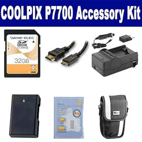 Nikon Coolpix P7700 Digital Camera Accessory Kit includes: ACD327 Battery, SDM-1531 Charger, SD32GB Memory Card, CL10 Case, HDMI6FM AV & HDMI Cable, ZELCKSG Care & Cleaning