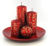Red Metallic Glitter Candle Set of 4 w/ Plate Christmas