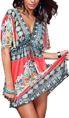 Womens Summer National Print Party V neck One Piece Dress (XL (US L), Rose Red)