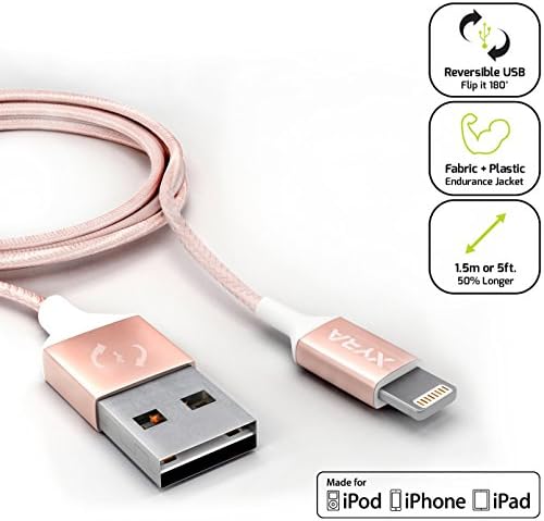 Xyra-XL Reversible USB Syncing Cable-MFi Apple Certified Lightning Connector Charge Sync Cord-Reversible USB,5 ft(1.5m) Long, Fabric+Plastic Jacket-For iPhone iPad iPod (iOS 9 compatible) (Rose Gold)