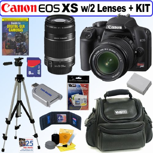Canon Rebel XS 10.1MP Digital SLR Camera (Black) with EF-S 18-55mm f/3.5-5.6 IS Lens & EF-S 55-250mm f/4.0-5.6 IS Telephoto Zoom Lens + 8GB Deluxe Accessory Kit