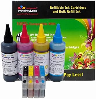 PrintPayLess® Brand Pre-filled Refillable Ink Cartridges for Epson 68 / Epson 69 (non-OEM) cartridges + Additional 400 ml PrintPayLess® Brand UV resistant dye ink Specially Formulated for Epson Stylus: NX400, NX415, NX510, NX515; Epson WorkForce: 40, 500, 600,610, 615 printers - NOT universal ink