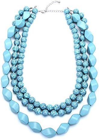 Newxiloo Turquise Marble Texture and Geometric Bead 3 Rows Boho Tribal Statement Necklace