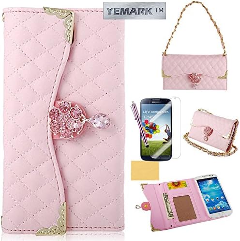 S4 Case, Galaxy S4 Case,YEMARK(TM) Luxury Diamond Pendant Quality PU Leather Handbag Wallet Purse Protective Case Cover with Carrying Chain For Samsung Galaxy S4 i9500[Built-in Credit Card/ID Card Slots/Photo Window],[+Stylus+Screen Protector+Cleaning Cloth]-(Pink), Samsung Galaxy S4 Case