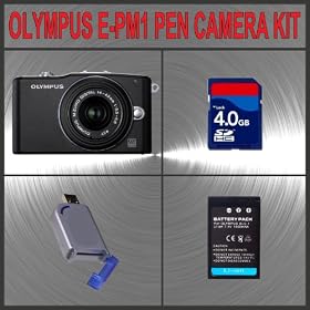 Olympus PEN E-PM1 Digital Camera (Black) W/14-42mm Lens + Huge Accessories Package Including 4GB SDHC Memory Card + High Capacity BLS-1 Replacement Lithium-Ion Battery + Hi-Speed SD Card Reader + Kit