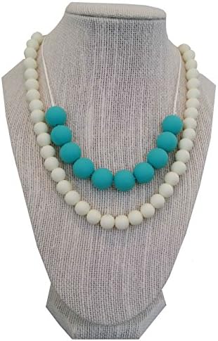 Mommy and Baby Approved Safe Silicone Teething and Nursing Necklace- BPA Free, Dishwasher Safe- Double Strand Caribbean Sea and Ivory