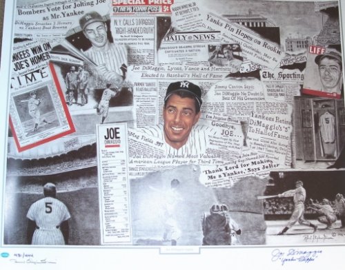 Joe Dimaggio Autographed New York Yankees 26x32 Lithograph with YANKEE CLIPPER Inscription