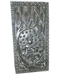 Lord Krishna Indian Antique Carved Doors Wooden Wall Panel 35 Inch