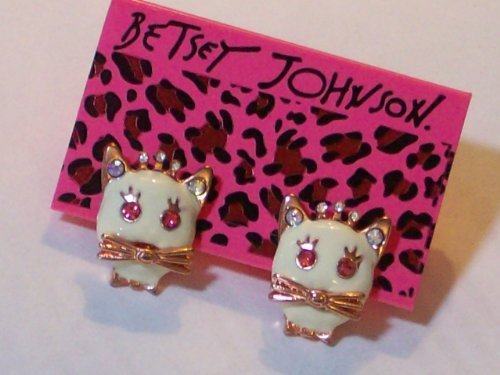 betsy johnson jewelery:BETSEY JOHNSON Princess Kitty Cat White Enamel Earrings Pink Crystal Eyes