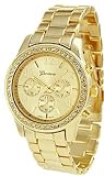 Geneva Platinum 9073 Women's Decorative Chronograph Rhinestone-accented Link Watch-GOLD