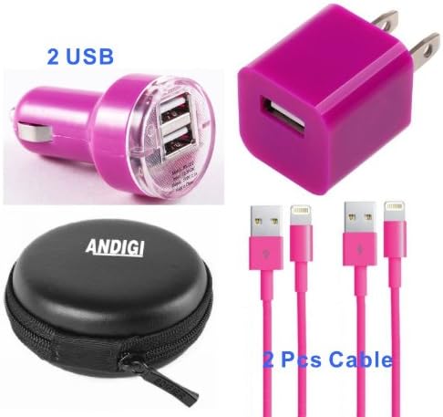 ANDIGI 4-in-1 Dual USB Car Charger + 2 USB Data Charging Cable + Wall Charger + Hard Case for IPhone 5 and 5s, iPad4 and Air