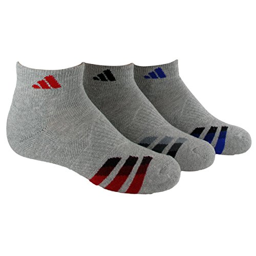 adidas Boys Cushion Low Cut Socks (Pack of 3), Heathered Light Onix/Power Red - Black - Night Flash Purple, Large