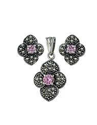 Sterling Silver Marcasite Earrings and Pendant Pink Center Flower