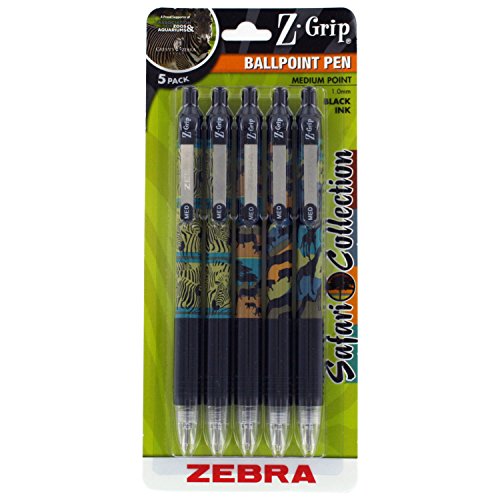 Z-Grip Ballpoint Pen, 1.0mm, Rubber Grip, 5/PK, ANML/BK, Sold as 1 Package