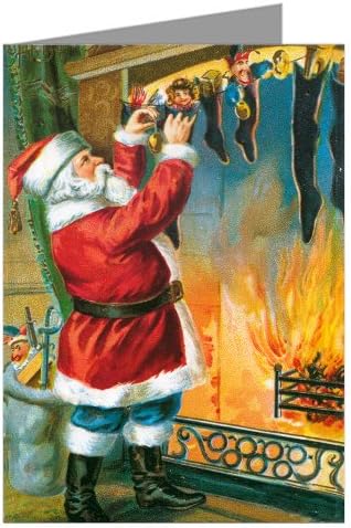 Traditional Santa Hanging Stockings by The Fireplace Hearth Christmas Eve Vintage Holiday Greeting Cards Boxed Set
