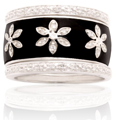10k White Gold Black Enamel Flower Design Diamond Stack Ring (1/10 cttw, I-J Color, I2-I3 Clarity)