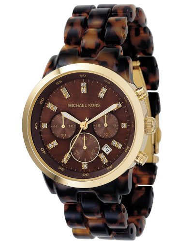 Women's Marbled Plastic Link Bracelet Gold Tone Quartz Chronograph Crystal