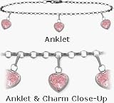 10 Karat White Gold 10 Belcher Style 3 Pink Stone Heart Charm Anklet