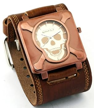 Nemesis #BIN930B Men's Brown IP Stainless Steel Skull Face Dial Wide Leather Cuff Band Watch