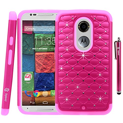 Moto X 2nd Gen Case, Moto X 2 Case, Style4U Motorola Moto X (2nd Generation) Studded Rhinestone Crystal Bling Hybrid Armor Case Cover for Motorola Moto X (2nd Gen, 2014 Release Only) with 1 HD Screen Protector and 1 Stylus [Hot Pink / Hot Pink]