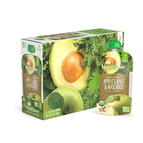Happy Baby Clearly Crafted, Organic Baby Food, Stage 2, Apples, Kale & Avocados, 4.0oz Clear Pouch (16 Count)