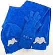3pc Bebe Baby Fur Hat, Scarf & Gloves Set Blue Heart Rhinestone Logo