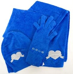 3pc Bebe Baby Fur Hat, Scarf & Gloves Set Blue Heart Rhinestone Logo
