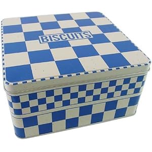 Biscuits blue check traditional metal cookie jar canister storage box French style by