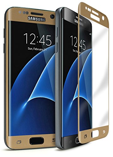 Bastex Samsung Galaxy S7 Edge 9-H Tempered Glass Screen Protector, Full Screen Coverage, High Definition, Clear Transparency, Anti-Bubble Shield with Gold Faceplate for Samsung Galaxy S7 Edge