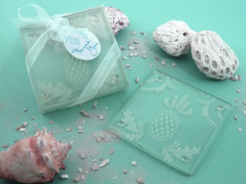 Warm Welcome Tropical Pineapple Glass Coasters (Set of 2; 25 Pack) - Beach Themed Wedding and Party Favors