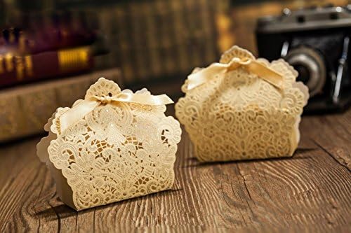 50pcs Laser Cut Soft Gold Candy Box Wedding Gift Box Wedding Party Favors Chocolate BOX W/ribbon