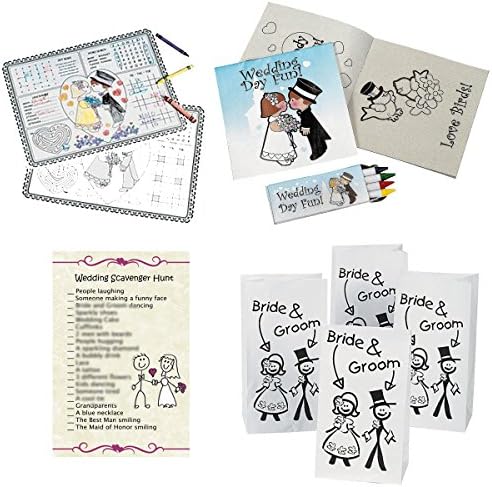 Wedding Activities for Kids - Individually Packaged Wedding Coloring Books and Crayons (12), Placemats (12), Wedding Favor Bags (12) and Wedding Scavenger Hunt Sheets (25)