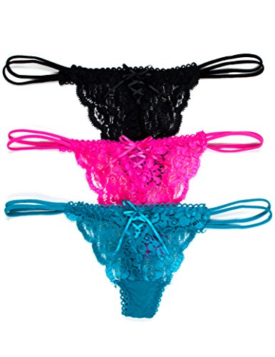 Caramel Cantina Sheer Lace Faux Tie-Up Dual Strap Hips Thong Panties 3-Pack