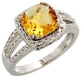 14k White Gold Stone Ring, w/ 0.20 Carat Brilliant Cut Diamonds & 2.15 Carats 8mm Cushion Cut Citrine Stone, 7/16 (11mm) wide