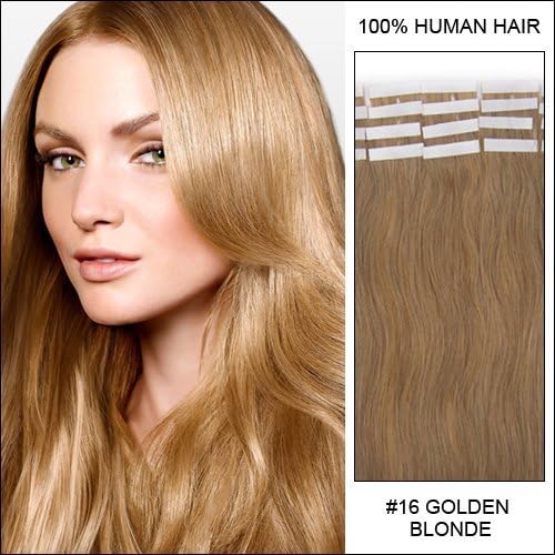 Hairup valentine day gifts 18 Inches Golden Blonde_16 Tape In Premium Remy (Remi) Human Hair Extensions women beauty style hair pieces for full head_20 Pieces Set_40g [2 sets for full head] by Hairup