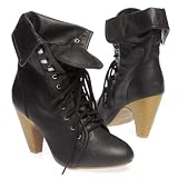Qupid Womens ROCKIN04 Ankle Cuff Fold Down Lace Up Round Toe High Heel Bootie Boot Shoes, Black PU Leather