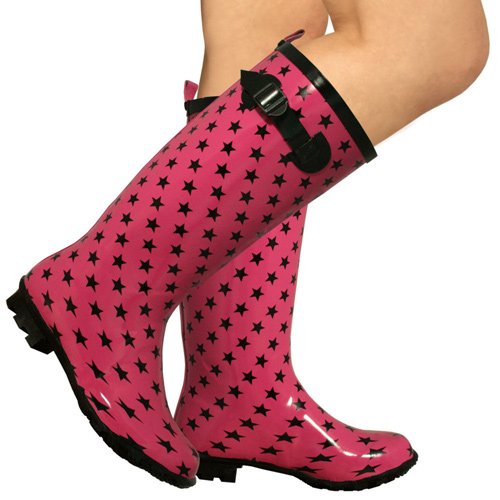 New Black Pink Star Festival Wellies Wellington Boots Sz 3-8