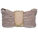 Embellished Ruched Evening Clutch Bag in Grey or Warm Beige with Removable Chain Strap