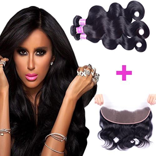 AliBarbara 8A Brazilian Body Wave Hair 3 Bundles with Lace Frontal Closure (13×4) 100% Unprocessed Human Hair Extensions with Ear to Ear Lace Frontal Closure, Natural Color(12 14 16 with Closure 10)