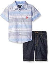 Apparel: U.S. Polo Assn. Little Boys 2 Piece Short Sleeve Striped Woven Shirt and Denim Short, Blue/Grey Plaid, 6 - US Polo Assn. Children's Apparel